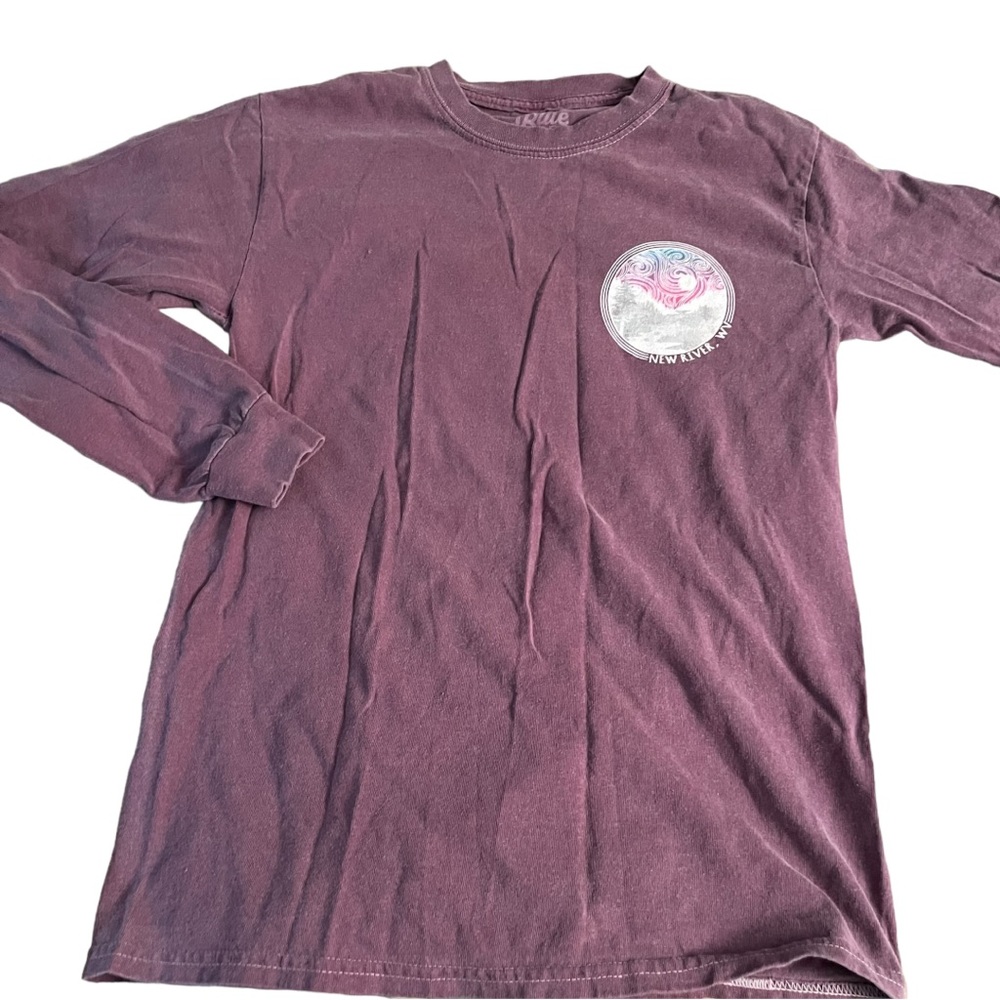 New River West Virginia plum long sleeve tee print on back & sleeve